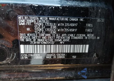 2022 Toyota Rav4 Le из США, поврежденный, VIN 2T3H1RFV2NW204597